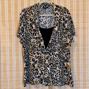 Notations Woman Leopard Print Layered Top 3X Short Sleeve Beaded Clasp Boho